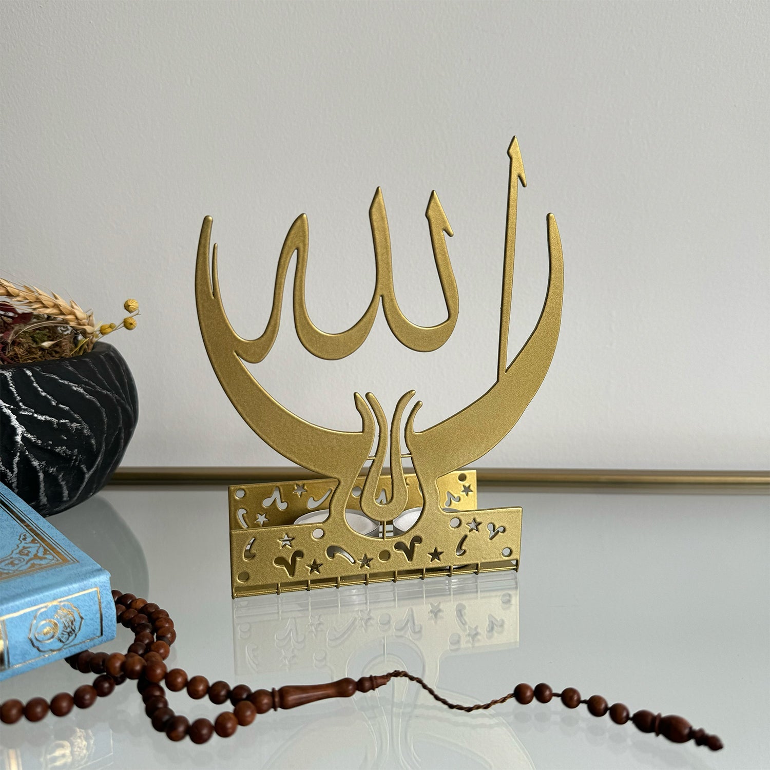 Allah, Crescent and Tulip - Metal Islamic Candle Holder - MIN143