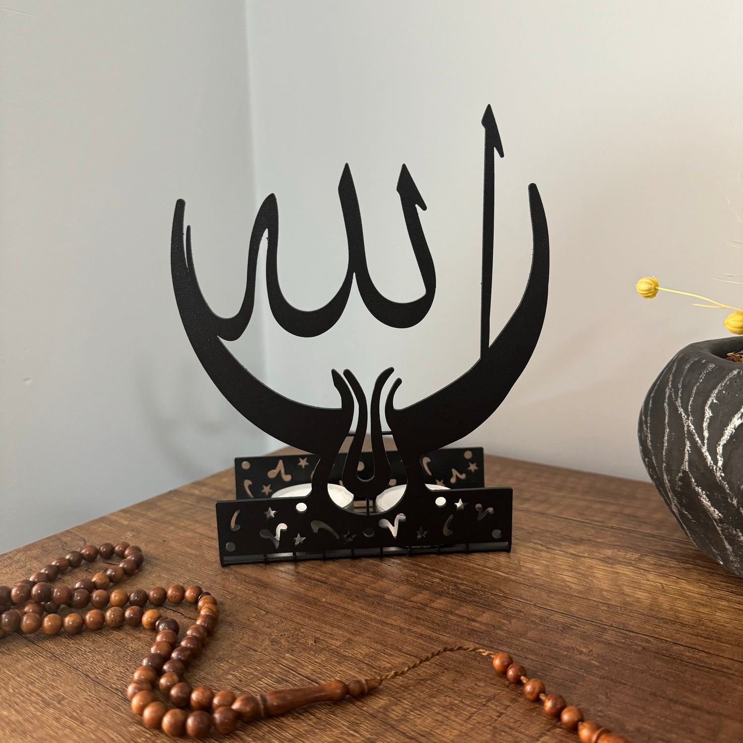 Allah, Crescent and Tulip - Metal Islamic Candle Holder - MIN143