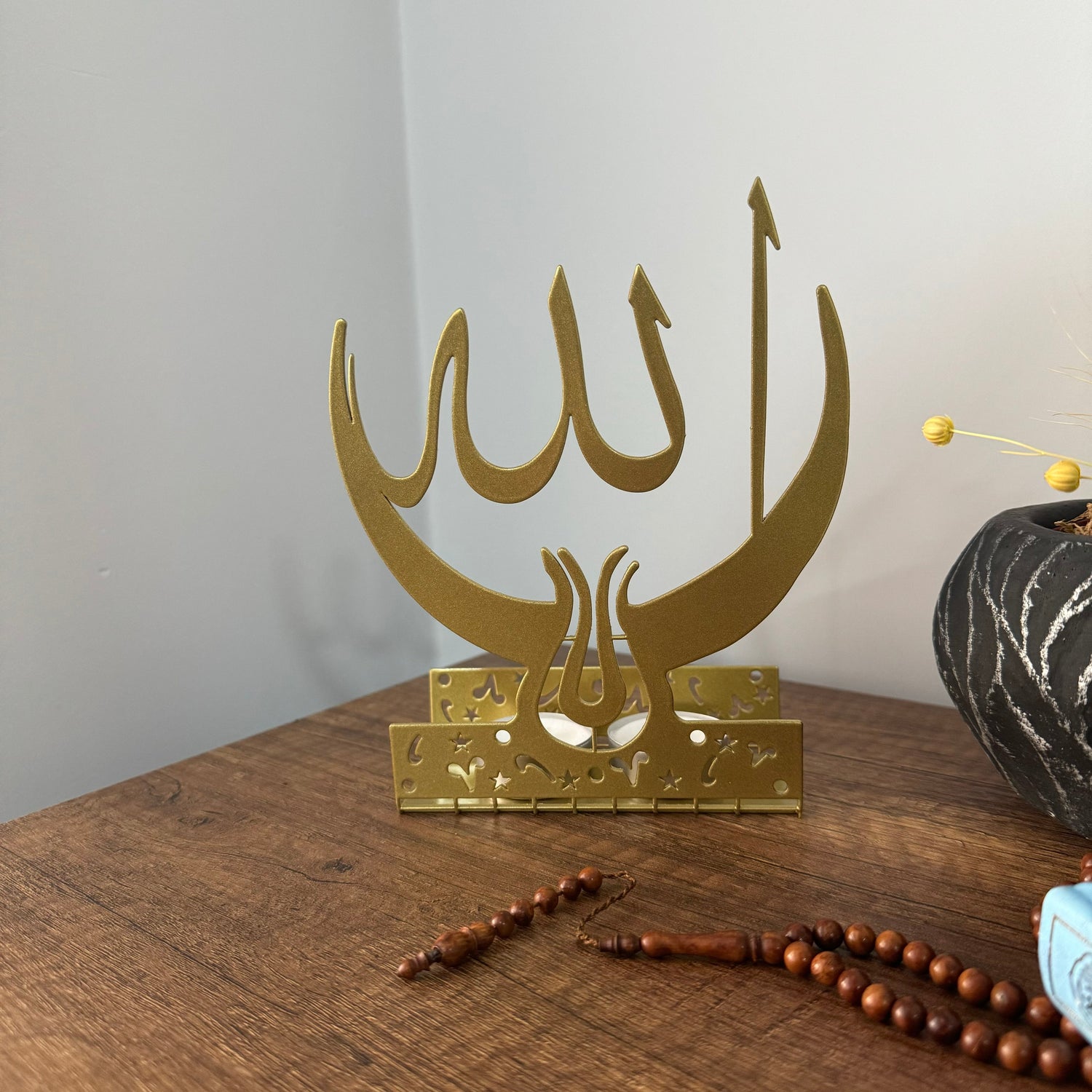 Allah, Crescent and Tulip - Metal Islamic Candle Holder - MIN143